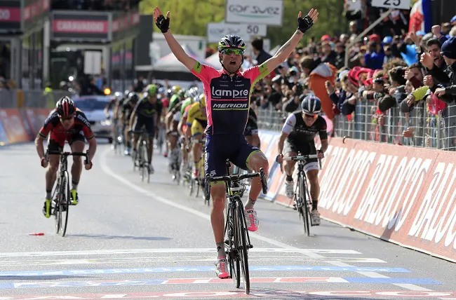 Diego Ulissi of Lampre-Merida celebrates winning Stage Five of the Giro d'Italia, a summit finish at Viggiano, My 14, 2014. (teamlampremerida.com)